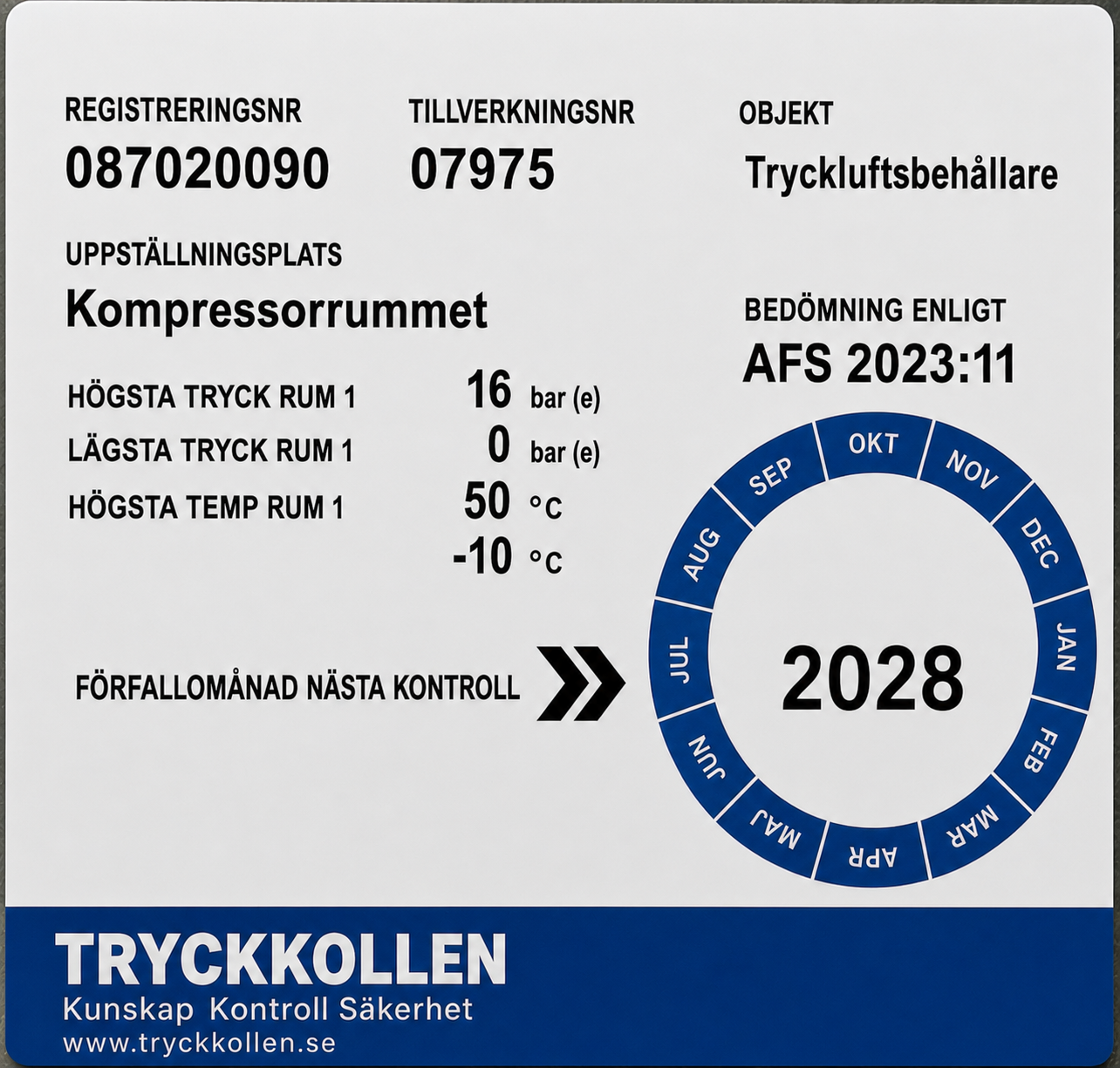 Illustrativ kontrollskylt med årtal och månader placerade i en cirkel
